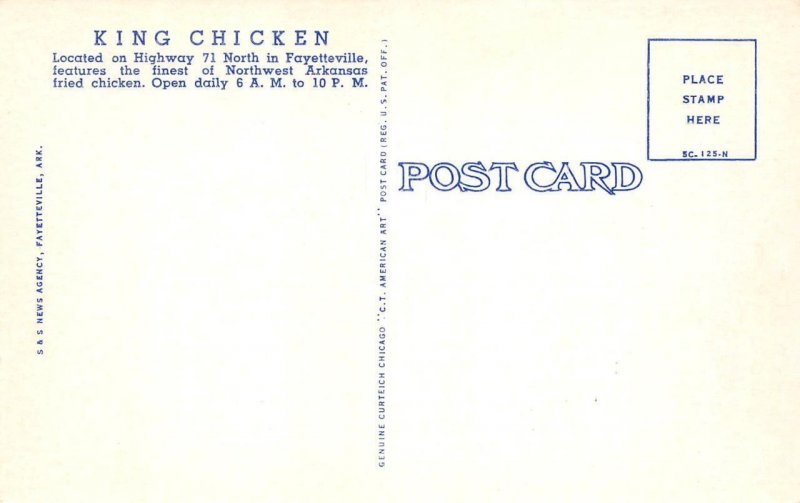 Fayetteville, Arkansas KING CHICKEN Roadside Art Deco Diner c1950s Postcard