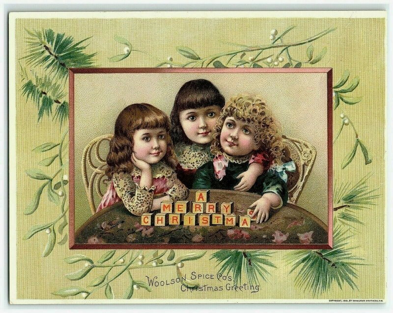 1891 Christmas Coffee Lion Trade Card Spice Woolson Victorian Kids Letter Blocks 