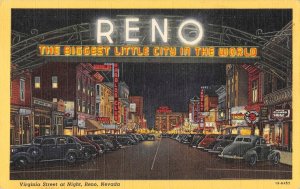 RENO, NV Virginia Street Night Scene Harolds Club Neon Linen Casinos Postcard