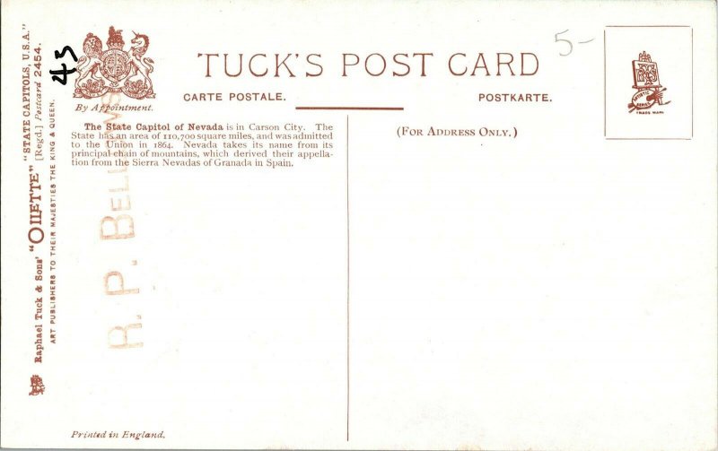 Tucks 2454 Nevada State Capitol Vintage Postcard J41