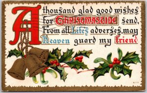 A Thousand Glad Good Wishes For Christmastide, 1910 Holly Bells & Poem, Postcard
