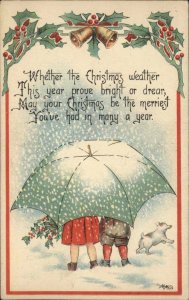 Christmas MMS Boy and Girl Umbrella Snowstorm Blizzard c1910 Postcard