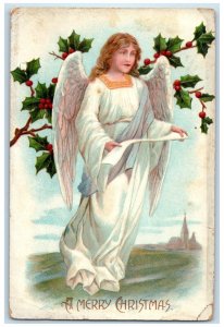 1908 Merry Christmas Angel Holly Berries Embossed Waterville Maine ME Postcard