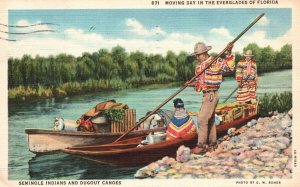 1940 Native American Family & Their Dugout Canoes Everglades Vintage Postcard