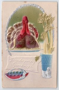 Thanksgiving Airbrushed Turkey On Plate Celery Vase Silver Gilt Postcard V22