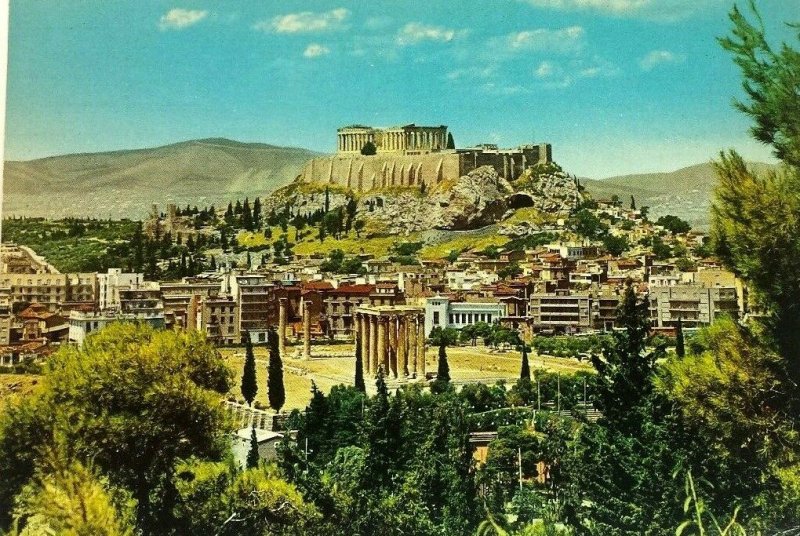 Athens Greece Postcard View of Olympieion and Acropolis Old Vintage Postcard A2