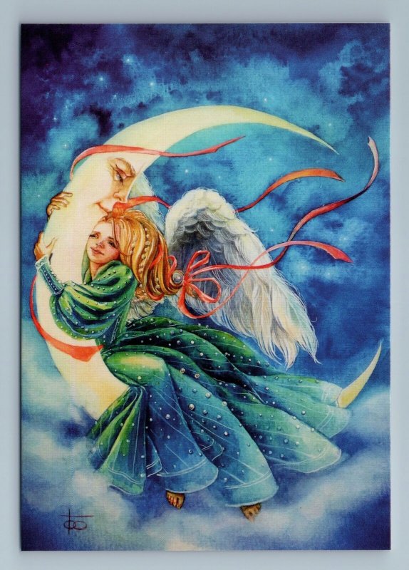 LITTLE GIRL Angel hug Clear Moon on Night Sky Fantasy Russian New Postcard