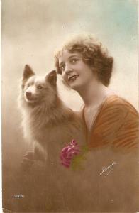 \Romantic lady with her dog\ Old vntage French postcard
