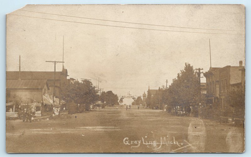 RPPC Grayling MI Baseball Sign Main Street Real Photo Postcard Michigan
