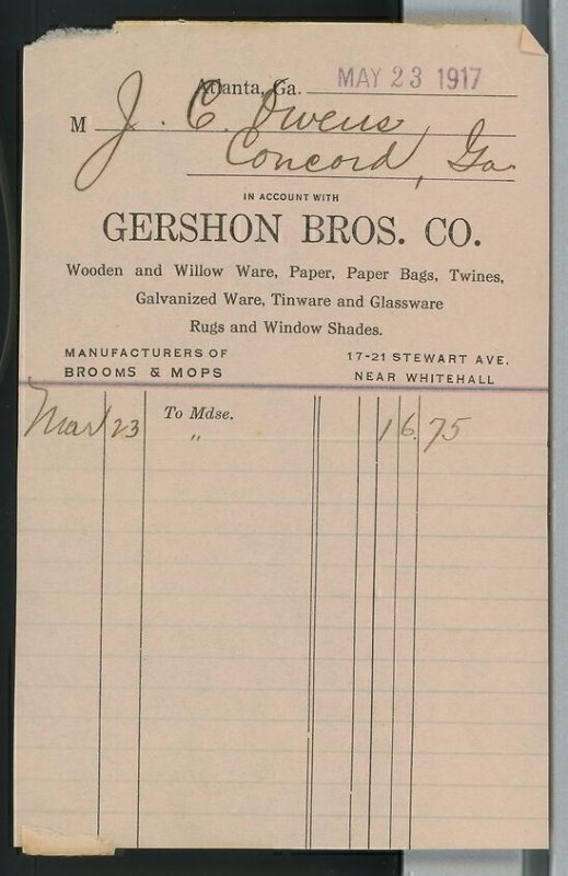 1917 Gershon Bros. Co. Stewart Ave Atlanta GA Invoice Paper Twines Glassware A35