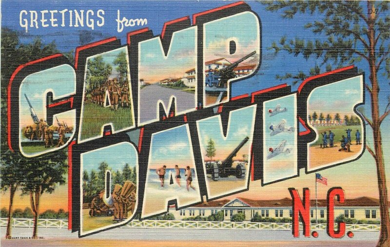 Linen Postcard; Large Letter Greetings Camp Davis NC Anti-artillery Training