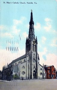 VINTAGE POSTCARD SAINT MARY'S CATHOLIC CHURCH AT NORFOLK VIRGINIA MAILED 1910