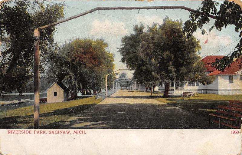 Saginaw Michigan~Riverside Park~Archways over Road~Shed by Lake~1909 Postcard