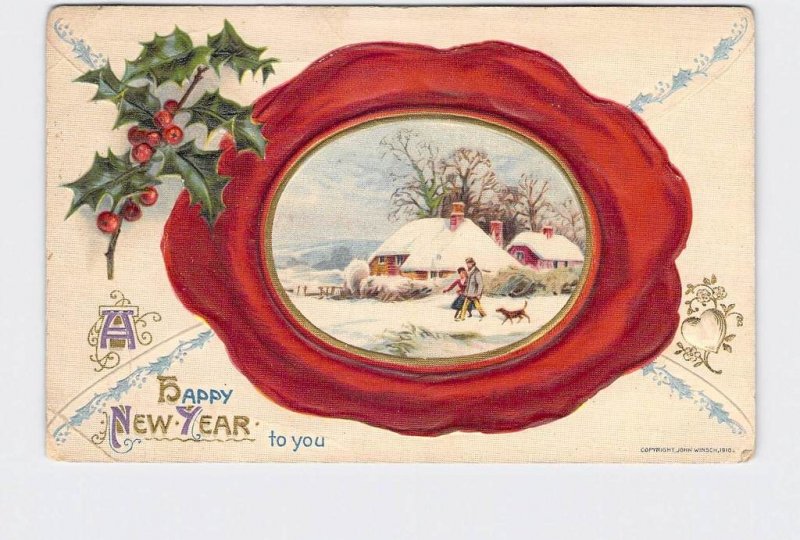 ANTIQUE POSTCARD WINSCH NEW YEAR ENVELOPE WAX SEAL SNOW COVERED COTTAGE WITH COU