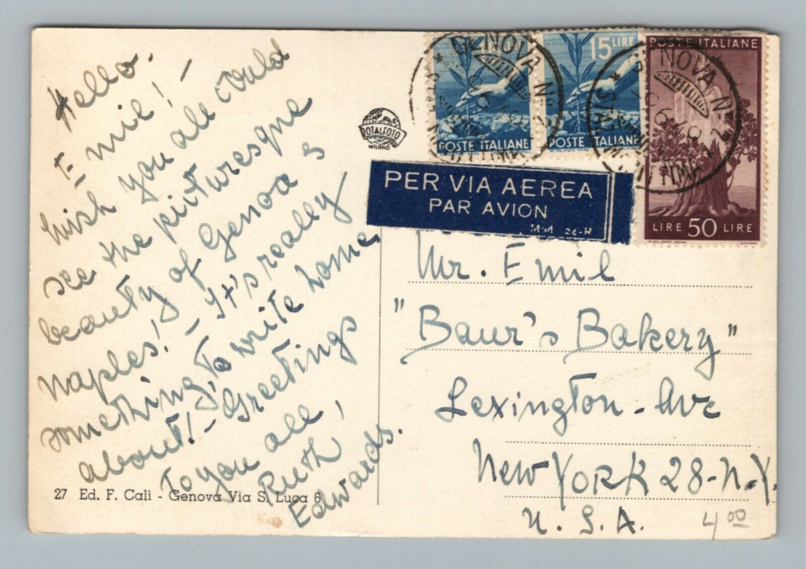 Genoa Port Cruise Ships to Baur's Bakery NY Boats RPPC Photo Postcard