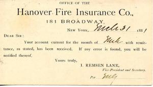 Postal Card - 1881, Hanover Fire Insurance Company