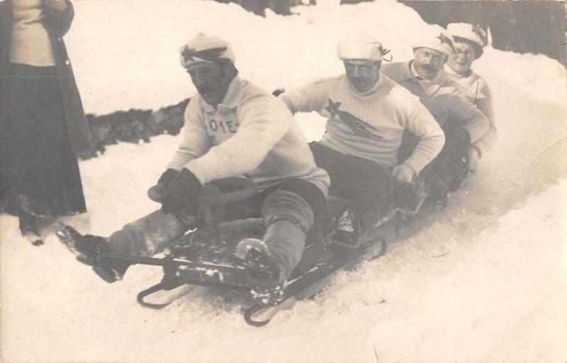 Winter Scene People on Sled Bobsleigh Bobsled Real Photo Antique Postcard J72526