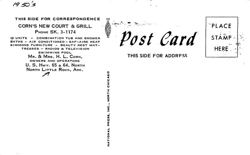 Postcard 1950s Little Rock Arkansas Corn's Court Grill hotel Restaurant 24-5704