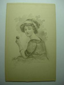 pre-1915 Art Nouveau PRETTY WOMAN HOLDING APPLE Unused Postcard y8941