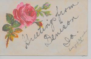 Denison Iowa Greetings From pink rose glittered antique pc Z15828