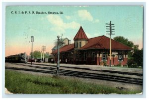 1913 C.R.I. & P. R. R. Train Railroad Depot Station Ottawa Illinois IL Postcard