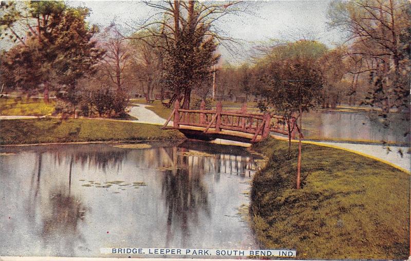 South Bend Indiana~Leeper Park~Rustic Bridge over Water~c1910 Postcard