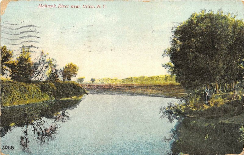 Utica New York 1908 Postcard Scene on Mohawk River Railroad Bridge