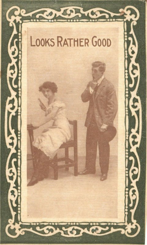 Vintage Postcard 1919 Looks Rather Good Man Looking at Woman Siting in Chair