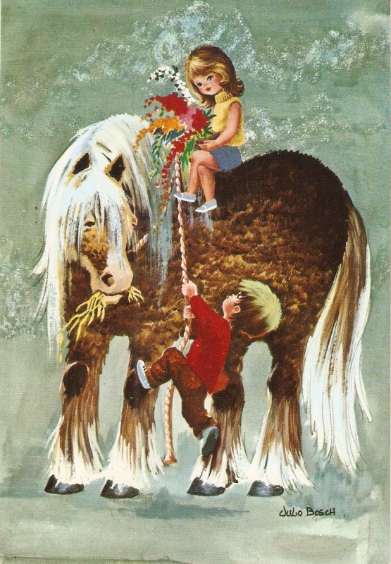 Children riding a horse, by Julio Bosch Nice modern Spanish postcard