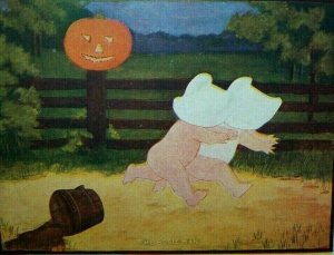 Vintage Halloween Postcard Children in Bonnets Spooked Bogie Man Austen Antique 