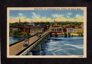 ME North Bridge Between Lewiston Auburn Maine Androscoggin River Linen Postcard