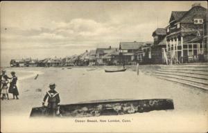 New London CT Ocean Beach Homes Kids on Beach c1910 Postcard