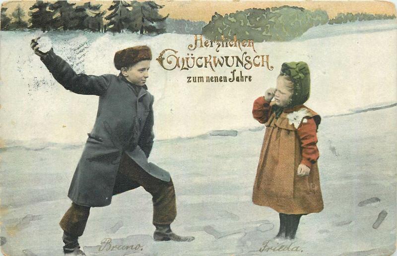 Antique 1902 New Year postcard children winter snow game snowballs fight