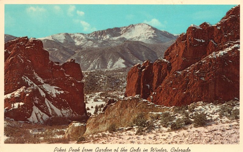 Vintage Postcard 1920's Pike Peak from Garden of the Gods in Winter Colorado CO