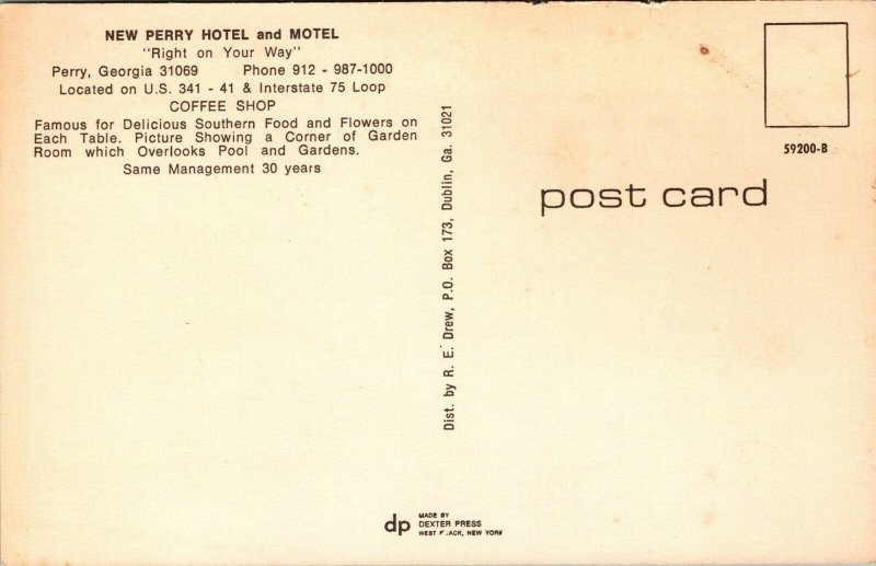 Vtg Perry Georgia GA New Perry Hotel and Motel Coffee Shop Dining Room Postcard