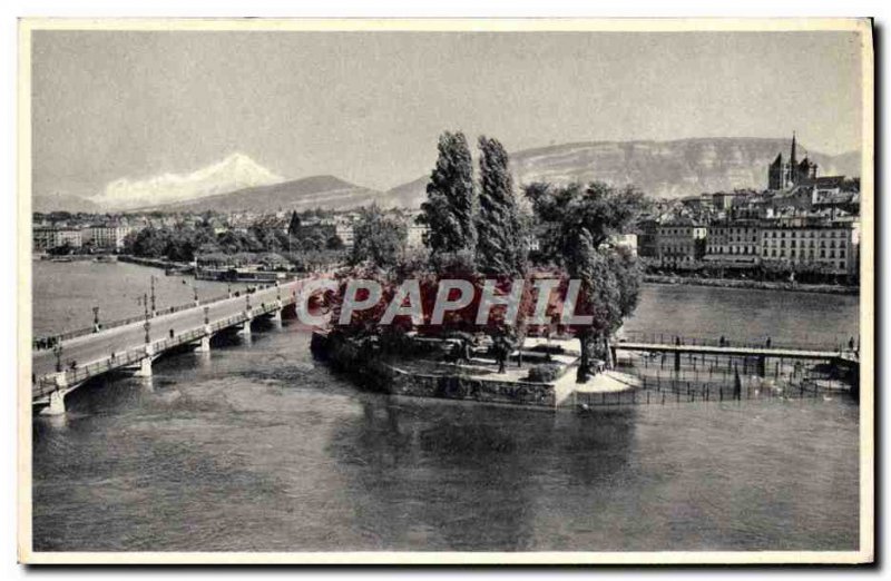 Old Postcard Geneve J J Ile Rousseau and Mont Blanc