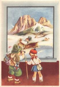 BR102748 mount climbing children boy and girl postcard comic