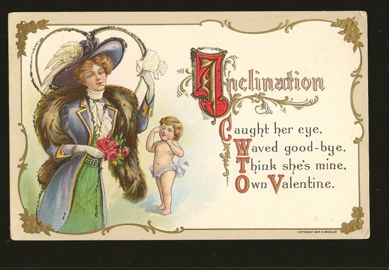 Copyright 1909 H Wessler Embossed Color Valentines Postcard Unposted