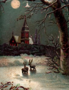 1880s Embossed Mica Victorian Trade Card Winter Scene Moon Snow Deer #5W