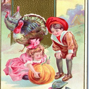 c1910s Thanksgiving Embossed Postcard Cute Children Pumpkin Carve Turkeys A67