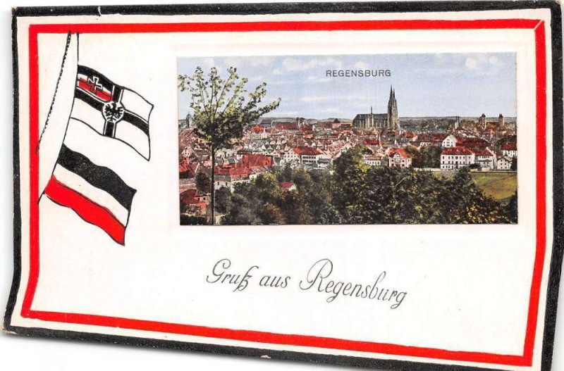 Regensburg Germany Gruss aus Birds Eye View with Flags Postcard AA69873