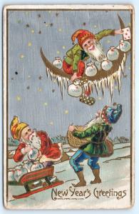 Postcard New Year Greetings Elves Elf Stealing Bags of Money From Moon A06