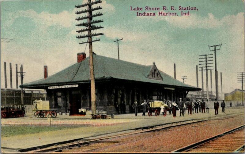 Indiana Harbor Indiana~Lake Shore RR Station~Men Gathered at Railroad Depot~1910