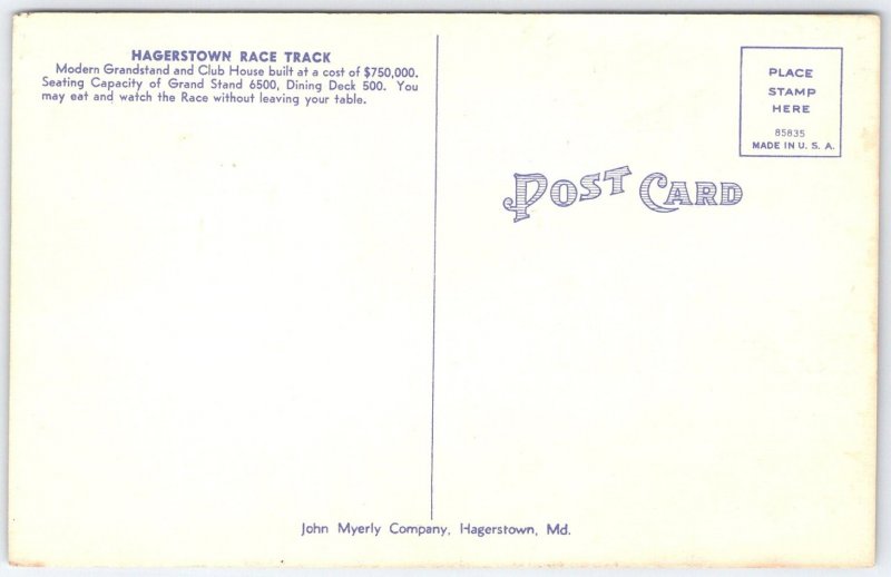 Vintage Hagerstown Race Track Dining Deck Postcard by John Myerly Co.