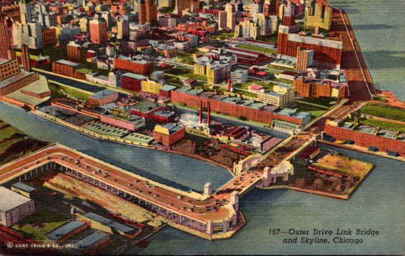 Illinois Chicago Skyline and Outer Drive Link Bridge Curteich