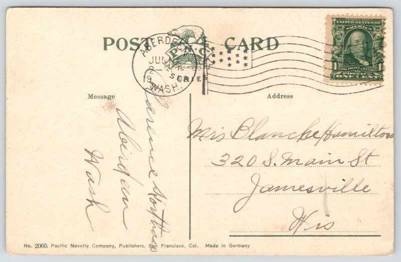 Aberdeen Washington~Brick City Hall, Built MCMIV (1904)~Belltower~1908 Postcard