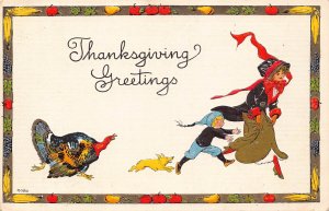 Thanksgiving Greeting Turkey Chasing Dog Boy Lady Fruits embossed postcard B989