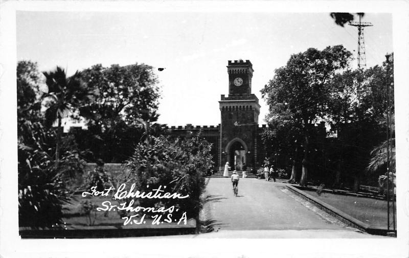 St Thomas US Virgin Islands~Fort Christian~Man on Bicycle~Clock Tower~c1930 RPPC