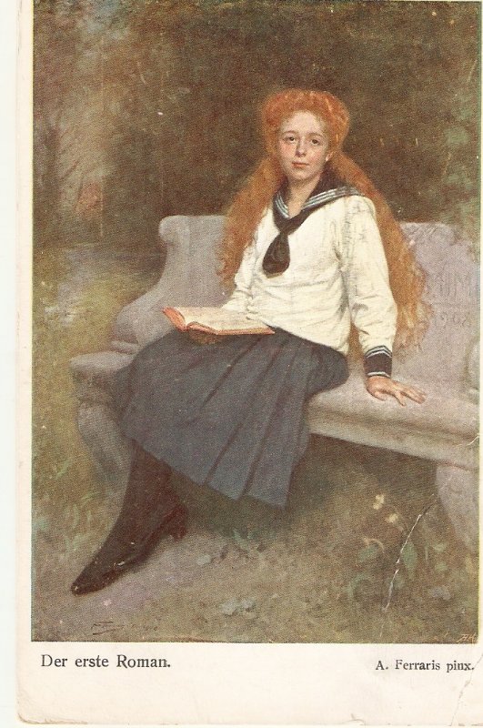 aA. Ferraris. Lady reading. The first novel Fine painting, vintage German PC