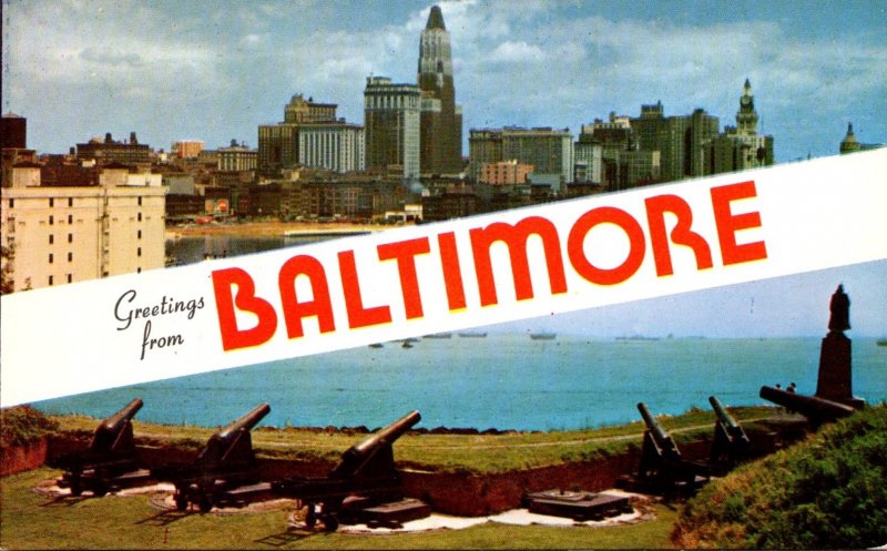 Maryland Baltimore Greetings Showing Fort McHenry Cannons and Skyline